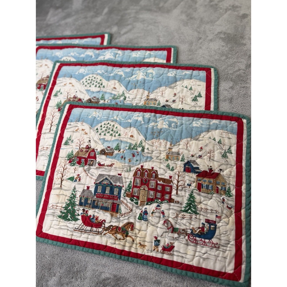Handmade Reversible Quilted Placemats Set 4 Christmas Village 17"x 12"